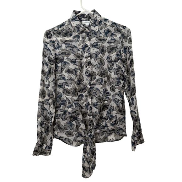 Calvin Klein Floral Button-Down Tie Front Blouse - Gray/Navy, Size S - Picture 1 of 12